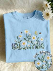 Diseño de bordado de girasol Estampado floral vibrante Camiseta de manga corta de cuello redondo casual para mujer de primavera y verano - Celeste - Ver 5