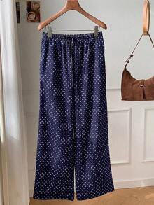 Pantalones casuales de mujer de lunares amarillos tejidos - Azul marino - Ver 3