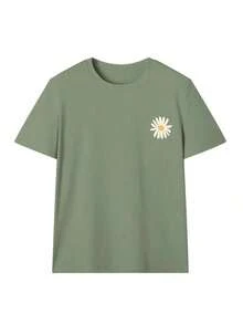Women's Loose Fit T-Shirt With Sunflower And Letter Print, Short Sleeve And Round Neck, Casual And Modern, Ideal For Spring, Holidays And Outings - 草綠色 - 查看 3