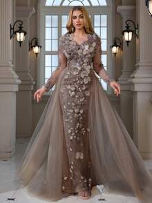 Chal de encaje bordado con cuentas y lentejuelas con lazo de borlas, vestido maxi elegante de línea A para vacaciones y bodas - Café integral - Ver 2