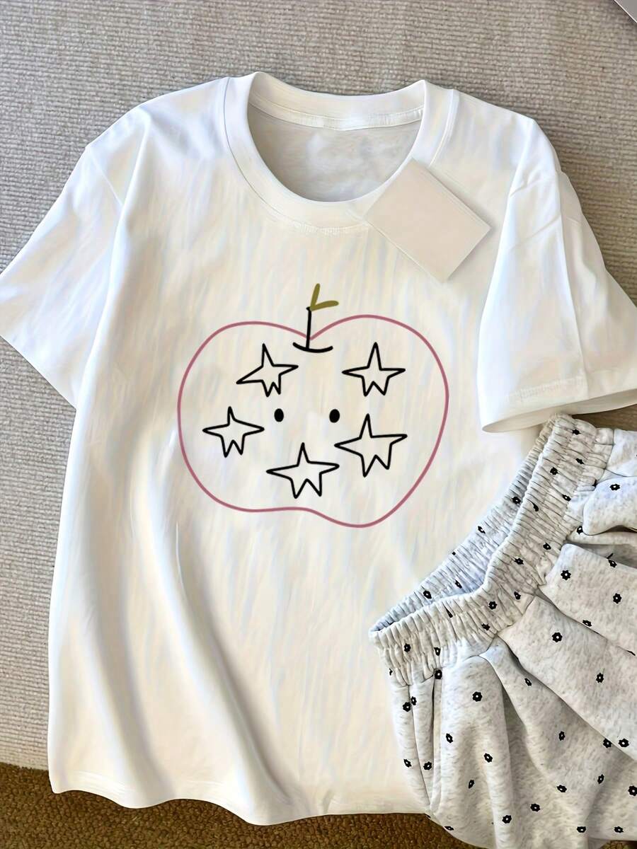 Women's Short-Sleeved T-Shirt, Personalized, American Retro Style, With Star And Apple Print, Pure Cotton, Breathable, Slim Fit For Summer - Urban Vintage Style, Unisex, Loose Fit, Cotton, Round Neck. - 白色 - 查看 1