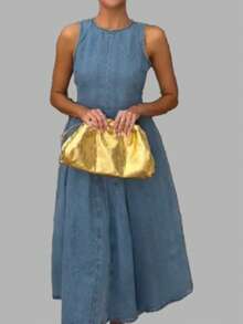 Vestido primavera mujer cuello redondo liso espalda descubierta elegante estilo trabajo europeo - Azul - Ver 5