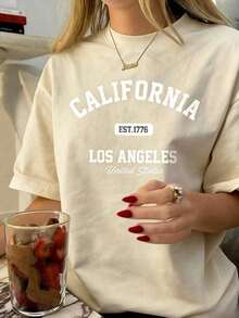 Women's Vintage Graphic T-Shirt With California Los Angeles Design - Casual Crew Neck, Short Sleeve, Cotton, Machine Washable, EST 1776 Print2025 - 杏色 - 查看 1
