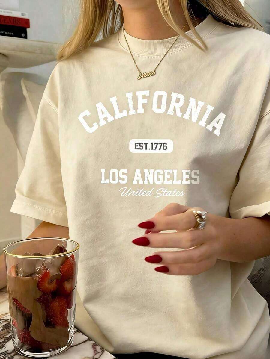 Women's Vintage Graphic T-Shirt With California Los Angeles Design - Casual Crew Neck, Short Sleeve, Cotton, Machine Washable, EST 1776 Print2025 - 杏色 - 查看 1