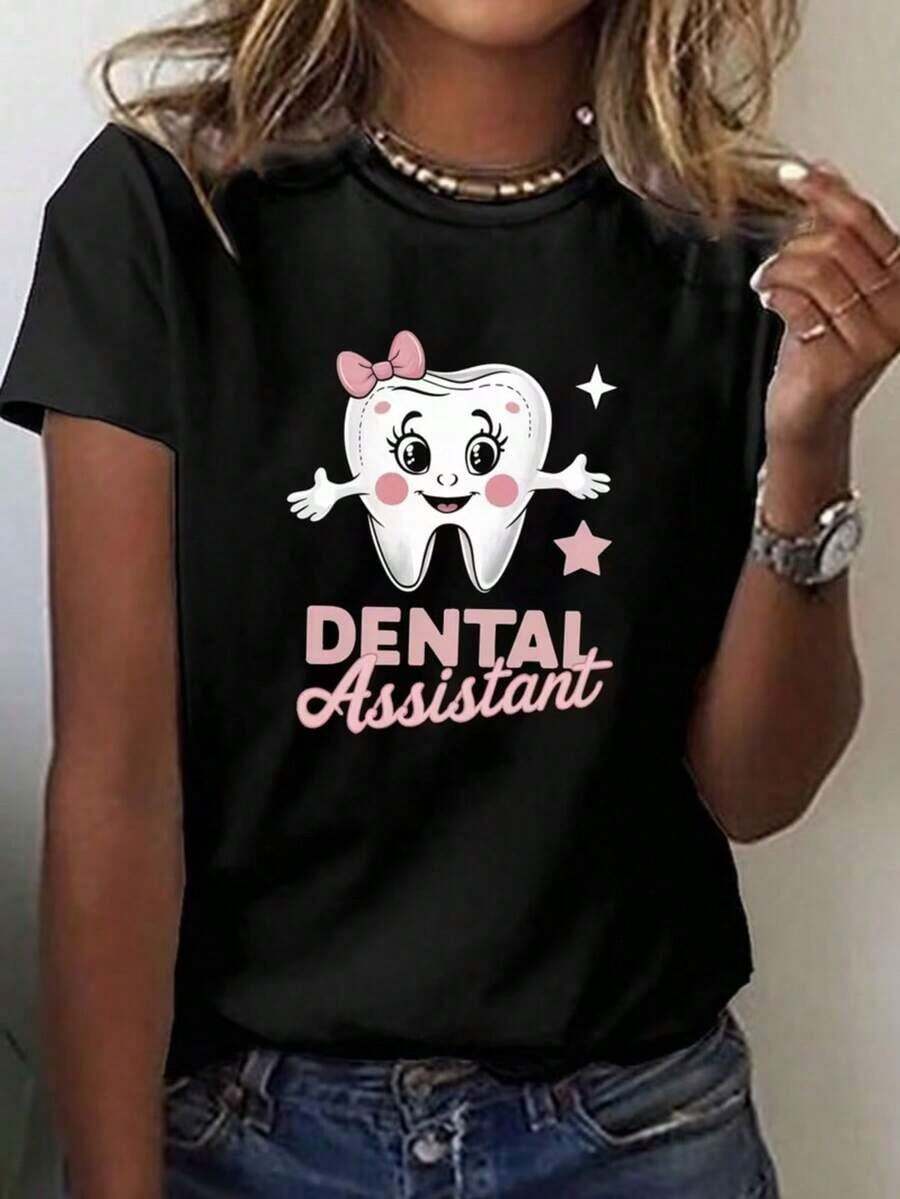 Camiseta con Estampado de Asistente Dental para Mujer - Ropa de Trabajo para Higienista Dental con Diseño de Consultorio Dental, Camiseta Casual de Manga Corta y Cuello Redondo, Cómoda y Pro - Negro - Ver 1