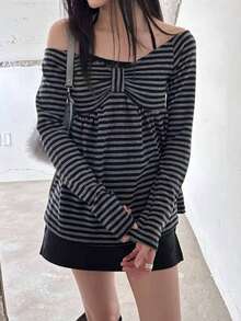 Women's Striped Off-Shoulder Long Sleeve Casual T-Shirt - Black Bar - View 4