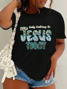 1 pieza de camiseta casual de cuello redondo para mujer con estampado geométrico "Hoy solo hablamos con Jesús", 95% spandex y 5% tejido de punto, ajuste cómodo para todas las estaciones. - Negro - Ver 1