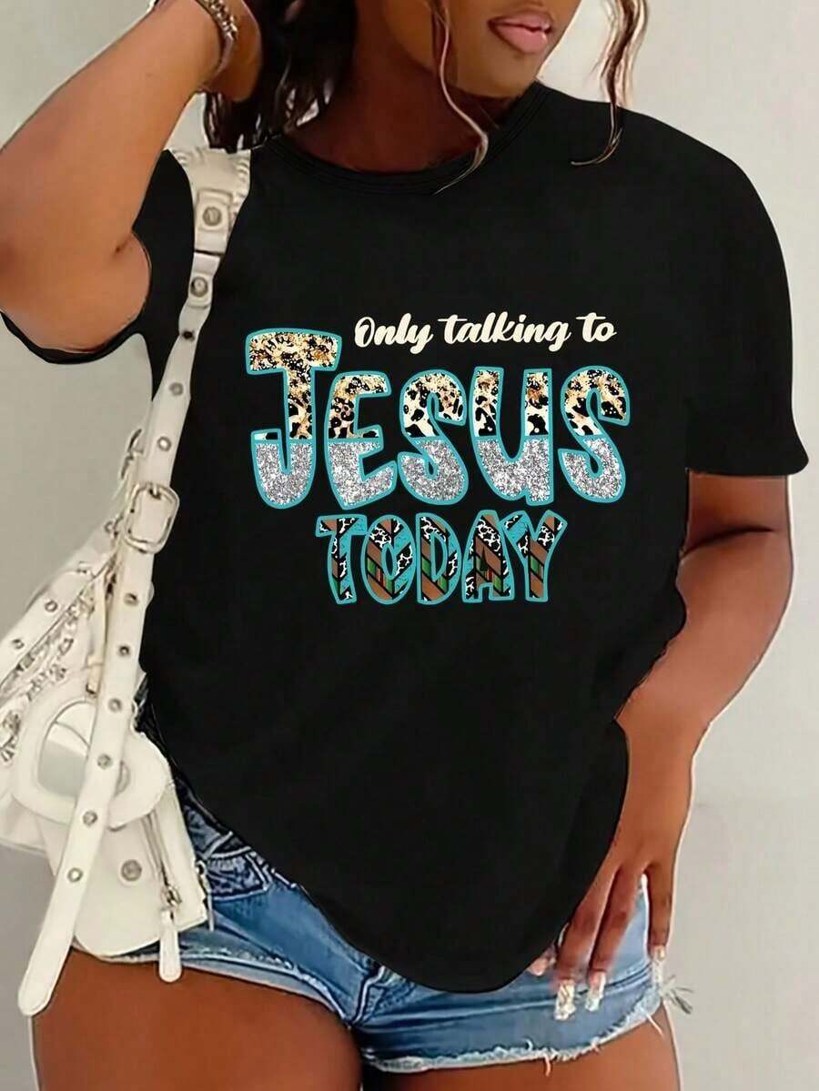 1 pieza de camiseta casual de cuello redondo para mujer con estampado geométrico "Hoy solo hablamos con Jesús", 95% spandex y 5% tejido de punto, ajuste cómodo para todas las estaciones. - Negro - Ver 1