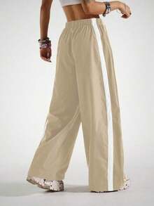 HypeZone Pantalones deportivos casuales de pierna ancha con cintura con cordón - Caqui - Ver 3