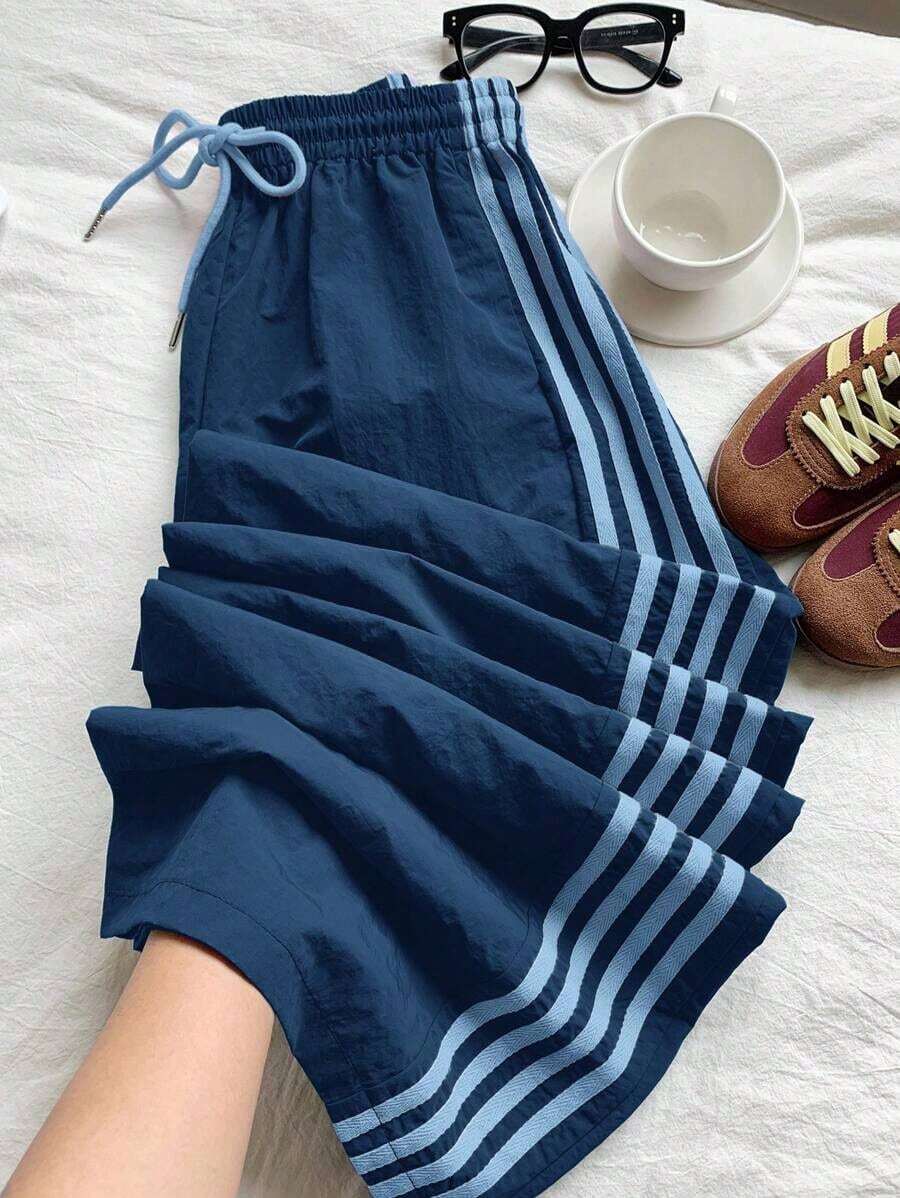 Pantalones de chándal casuales y holgados con cintura elástica y rayas laterales marrones para mujer - Niebla azul - Ver 1