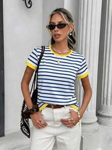 Frenchy Camiseta de manga corta ajustada con cuello redondo, estampado de rayas náuticas de color contrastante, estilo minimalista casual, adecuada para primavera/verano, uso al aire libre, calle, aeropuerto, elegante, combinación, fiesta de boda - Multicolor - Ver 5