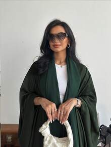 Conjunto de túnica holgada de unicolor con mangas de murciélago y pañuelo para la cabeza, estilo árabe para primavera y otoño - Verde Oscuro - Ver 5