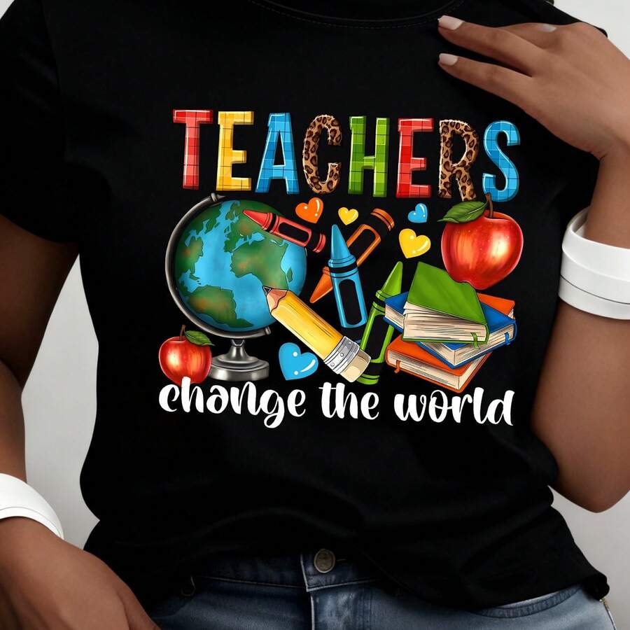 Round Neck Short Sleeve T-Shirt with a Teacher Pattern Print