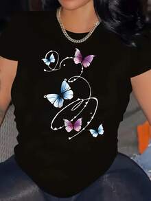 Plus Size Women's Elegant Short Sleeve T-Shirt - Comfortable And Loose Fit Top With Floral Butterfly Print, Round Neck, Machine Washable, Ideal For Spring, Summer, And Autumn, Casual Wear, Durable Stretch Fabric, Feminine Design, Soft Texture, Seasonal Blouse, Curvy Fashion - 黑色 - 查看 1