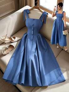 Nuevo vestido midi tejido bicolor con textura y tirantes anudados, elegante y versátil para uso en la oficinaXhen - Azul - Ver 9