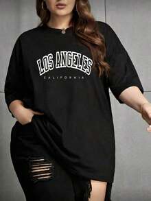 Women's Korean Style Short Sleeve Crew Neck T-Shirts With Letter Print, Loose Fit And Fashionable Graphic Tee For Women. - 黑色 - 查看 1