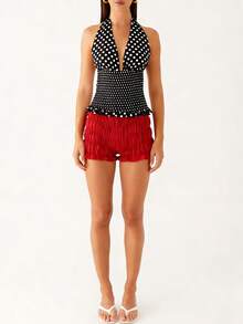 Women's Sexy Polka Dot Halter Top Backless Tie Back Vest Ruched Ruffle Hem Going Out Tops - Negro - Ver 4