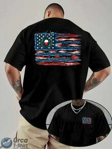American Flag And Fish Print Short-Sleeve T-Shirt Featuring A Design That Combines The American Flag With Fishing Elements. Suitable For Outdoor Fishi - 黑色 - 查看 12