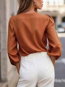 Blusa de manga larga con cuello en V de unicolor para mujer, elegante y esencial para el trayecto de primavera - Marrón - Ver 3