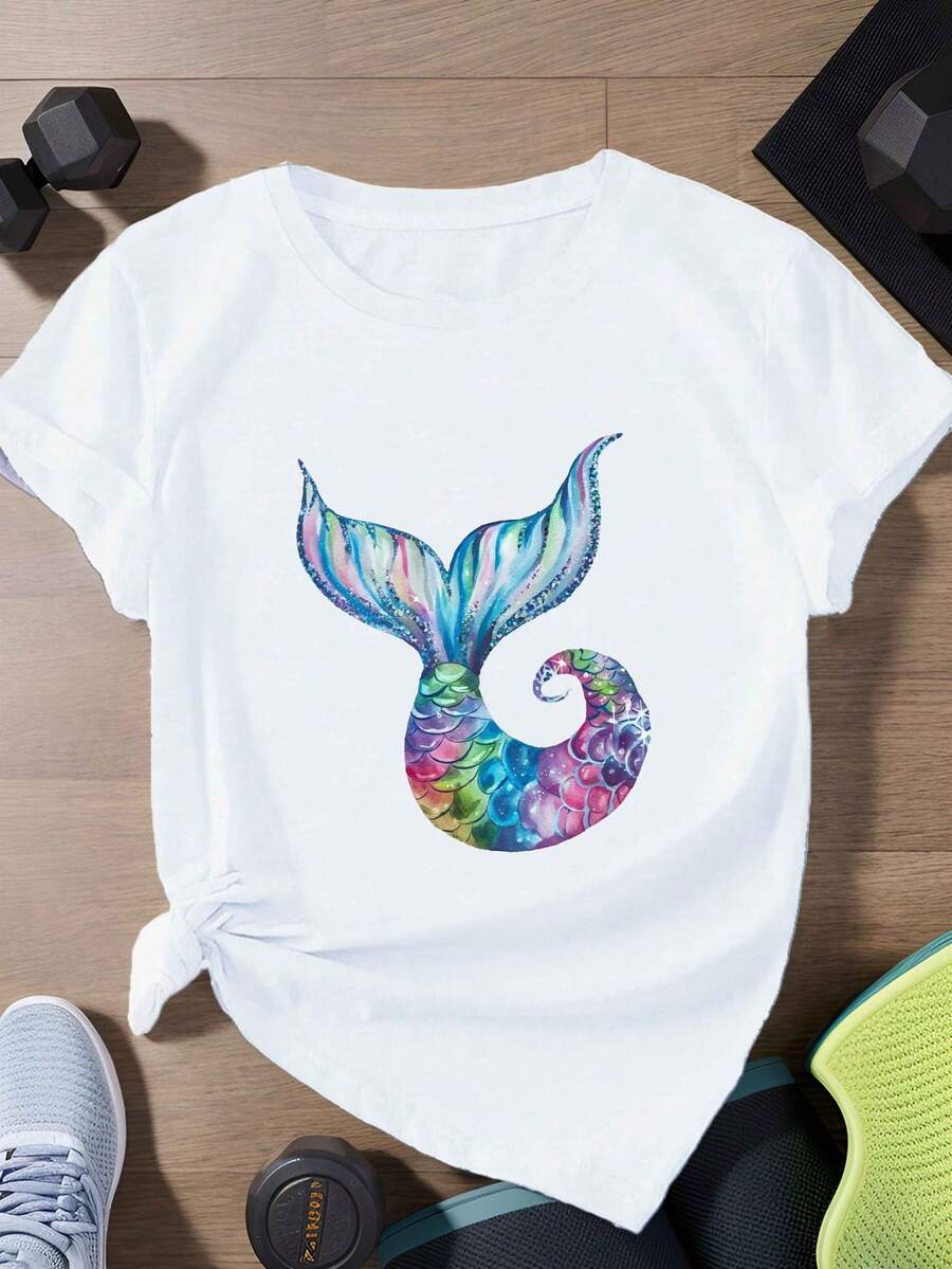 Camiseta de manga corta con estampado de cola de sirena en degradado de acuarela para mujer, cuello redondo, estilo casual, color negro. - Blanco - Ver 1