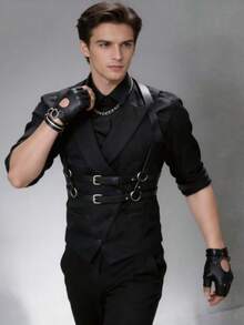 1pc Black Leather Shoulder Strap, Accessory For Live Streaming Performance, Outfit Decoration - Black - View 3