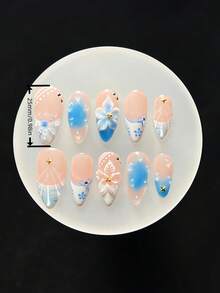 Handmade Press On Nails, 10Pcs Blue Pink 3D Flower Fake Nails With Water Drop & Lace Art, Oval Acrylic Nails, Reusable False Nails For Daily/Party/Travel - Blue - View 4