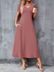 Vestido unicolor con bolsillo oculto escote V - Rosa vieja - Ver 6