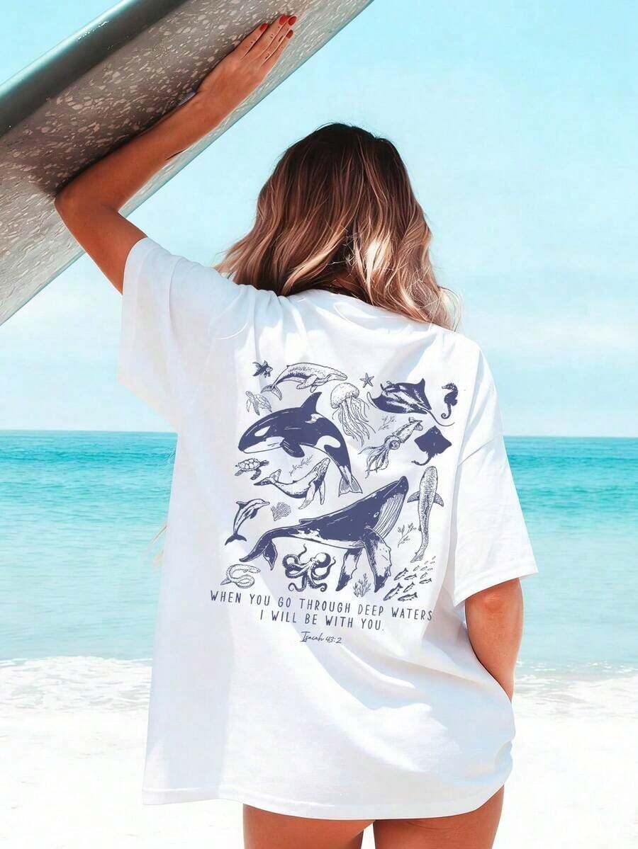 Beige Short-Sleeved T-Shirt With Round Neck, Casual And Versatile Style, With Marine Animal Print Such As Sharks, Dolphins And Starfish, For Women, Ideal For Summer, Holidays And Everyday Use. - 白色 - 查看 1
