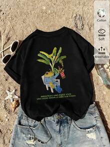 2026 Women's Solid Color Round Neck Short-Sleeved T-Shirt, Super Loose Fit, 100% Cotton, Soft And Comfortable, Everyday Casual, Streetwear, With A Cheerful Floral And Sun Pattern - * - 查看 2