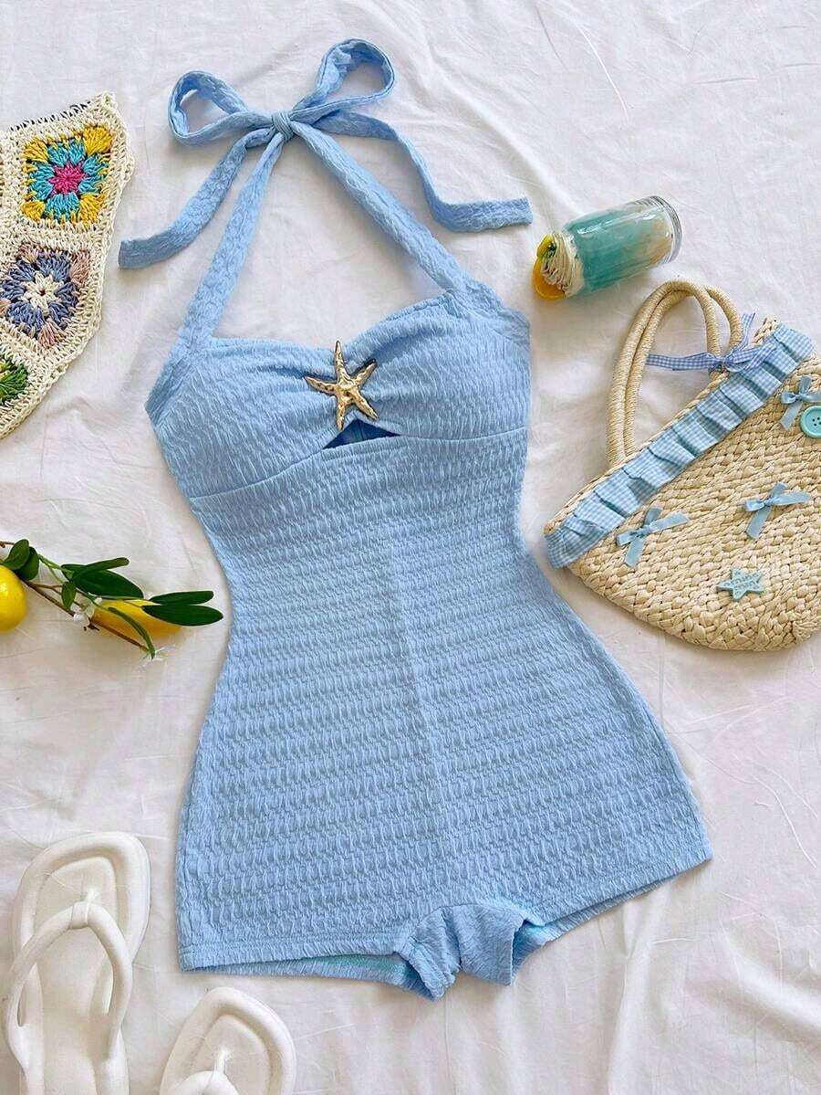 Mono de textura de unicolor con lazo de atar en el cuello para vacaciones, para fiesta en la playa - Celeste - Ver 1
