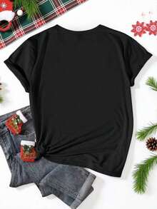 Red Short-Sleeved T-Shirt With A Korean Christmas Reindeer And Santa Claus Print. Versatile, Fashionable, Creative, And With A Charming Christmas Style, Suitable For Holiday Parties And Outdoor Wear. Printed T-Shirt. - 黑色 - 查看 3