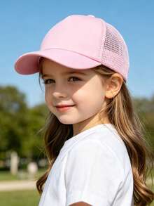 1pc Kids' Solid Color Baseball Cap With Ear Flaps, Adjustable Mesh Sun Hat For Toddler Girls, Suitable For Outdoor, Beach, Daily Use - Pink - View 2