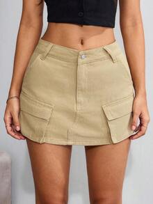 Falda pantalón vaquera versátil y casual con bolsillos para mujer - Caqui - Ver 5