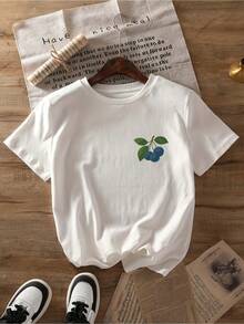 Printed T-Shirt With Green Leaf And Blueberry Design, Casual Short-Sleeved Top With Round Neck, Suitable For Daily Wear In Spring And Summer, Women's Clothing, Soft And Breathable Fabric, Printed T-Shirt, Adult Size, Fashionable Women's Clothing. - 白色 - 查看 2