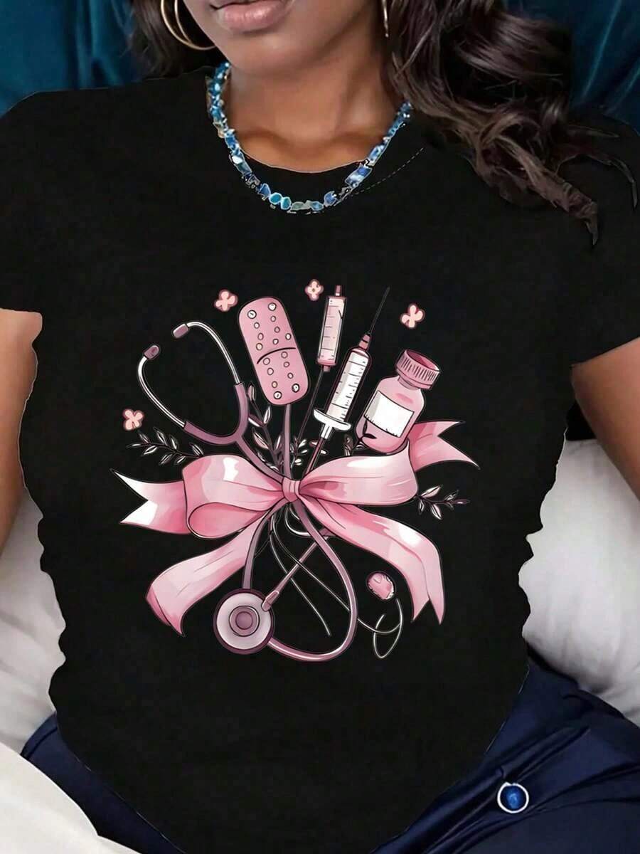 Women's Graphic Short Sleeve T-Shirt With Medical Tools Print, Pink Ribbon And Flowers, Comfortable Fabric Casual Clothing, Suitable As A Gift, Bohemian T-Shirt, Blouses For Women - 黑色 - 查看 1