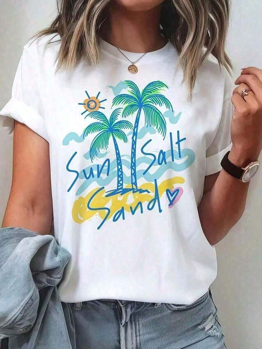 GiftWomen's Tropical Palm Tree And Sun Print T-Shirt - Short Sleeve Crew Neck T-Shirt, Soft And Breathable, For Summer And Beach, With Turquoise And Coral Print, Casual, Elegant, For Everyday Wear And Parties, Comfortable Fit For All Seasons, White T-Shirt For Women. Soft - 白色 - 查看 1