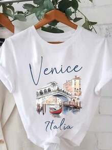 1 Piece Of Graphic Print T-Shirt, Short Sleeve, Round Neck, Casual Top For Summer And Spring, Women's Clothing, 180g, 100% Cotton. - 白色 - 查看 7