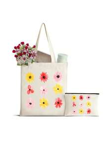 Conjunto de Bolsa de Lona Floral Tropical Colorida e Nécessaire com Zíper, Bolsa Estampada Vibrante com Hibiscos, Girassóis e Margaridas com Nécessaire Correspondente, Bolsa de Ombro Feminina, Sacola de Compras Reutilizável Leve para Praia, Viagem, Trabalho e Escola, Cabe Livros, Laptops e Itens Essenciais Diários, Nécessaire Adequado para Cosméticos - Multicolorido - Visão 13