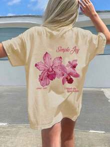 New For Summer 2026: Women's Plus Size T-Shirt - Crew Neck Style With Double-Sided Floral And Letter Print; Made From 100% Pure Cotton For A Comfortable And Casual Feel - Ideal For Island Getaways. - 杏色 - 查看 2
