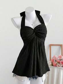 Top de tirantes con estampado de lunares marrones y detalle de nudo en la espalda para mujer, adecuado para verano, vacaciones de primavera, ceremonia de graduación, fiesta de boda, vacaciones elegantes, playa casual, estilo Y2K lindo y sexy y - Negro - Ver 4