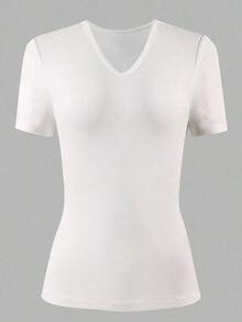 Nuevo conjunto de camiseta de manga corta, escote en V, delgada y versátil, de corte sexy para mujer - Multicolor - Ver 6