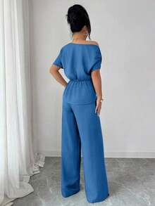 Elegante conjunto de dos piezas de moda urbana para mujer, adecuado para uso diario, bodas, galas, ir al trabajo, fiestas de graduación, vacaciones, citas, fiestas, Halloween, Navidad, Año Nuevo, Acción de Gracias.Pantalones anchos de cintura con hebilla metálica asimétrica de un hombro en color azul marino. - Azul lavado medio - Ver 2