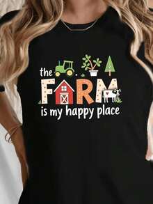 Camiseta de Mujer con Temática de Granja "La Granja Es Mi Lugar Feliz" Estampada de Manga Corta y Cuello Redondo |   Camisa Casual de Estilo Campestre para Primavera/Verano, Adecuada para Uso Diario y Visitas a la Granja, Cómoda, de Largo Regular, Lavable a Máquina, Camiseta para Mujer - Negro - Ver 1