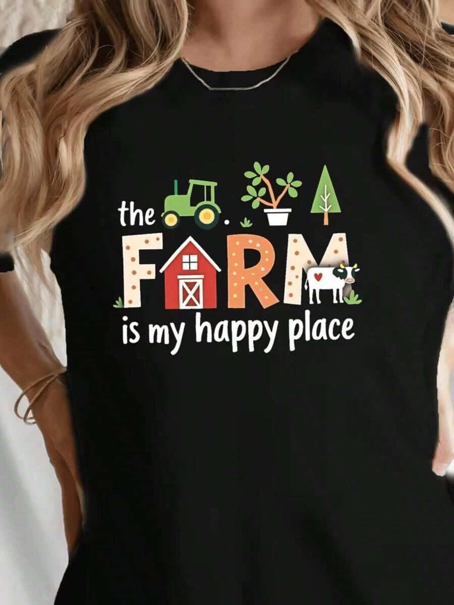 Camiseta de Mujer con Temática de Granja "La Granja Es Mi Lugar Feliz" Estampada de Manga Corta y Cuello Redondo | Camisa Casual de Estilo Campestre para Primavera/Verano, Adecuada para Uso Diario y Visitas a la Granja, Cómoda, de Largo Regular, Lavable a Máquina, Camiseta para Mujer - Negro - Ver 1