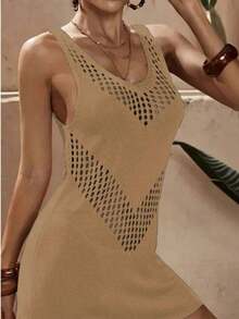Vestido de cubierta tejido con diseño geométrico hueco, vestido de punto sin mangas para vacaciones de primavera y verano, vestido mini para la playa - Caqui - Ver 2
