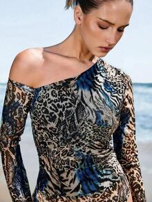 Body de manga larga con hombros transparentes y estampado de leopardo para mujer - Multicolor 3 - Ver 2