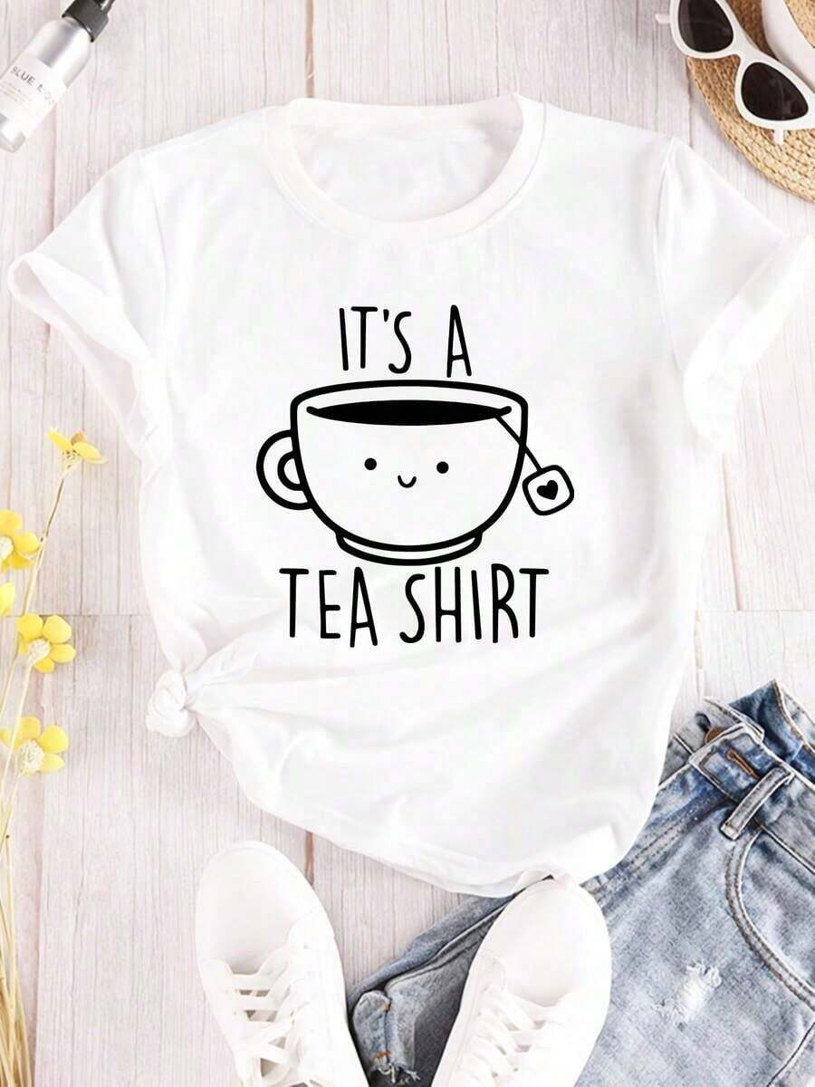 Women's Casual Round Neck T-Shirt, 100% Polyester Fabric, Regular Length, Fashionable All Season T-Shirt With "It's A Tea Shirt" Alphabet Print. - 白色 - 查看 1