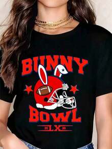 White Round Neck T-Shirt With American Football Helmet Print With Rabbit Ears And Stars For Casual Wear. - Black - View 1