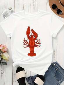 Camiseta Blanca con Estampado de Langosta para Mujer, Top Casual de Verano, Manga Corta, Camiseta con Diseño Gráfico - Blanco - Ver 4