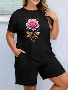 This Product Includes Only One Shirt, Pants Not Included. Women's Round Neck Shirt, Exotic Iridescent Pink Tones, Gold Leaves, Pink And Blue Crystals, Realistic-Fantasy Style, Central Composition, Elegant And Magical Aesthetic, Machine Washable, Durable Fabric, Casual Style, Comfortable Material, Printed Design, Loose Casual Wear, Pairs Well With Jeans, Short Skirts, And Shorts. - 黑色 - 查看 1